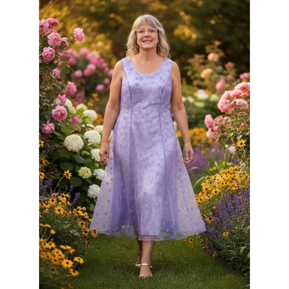 Vtg Onyx Nite Lavender Purple Floral Overlay Formal Maxi Dress 14 Tulle Princess